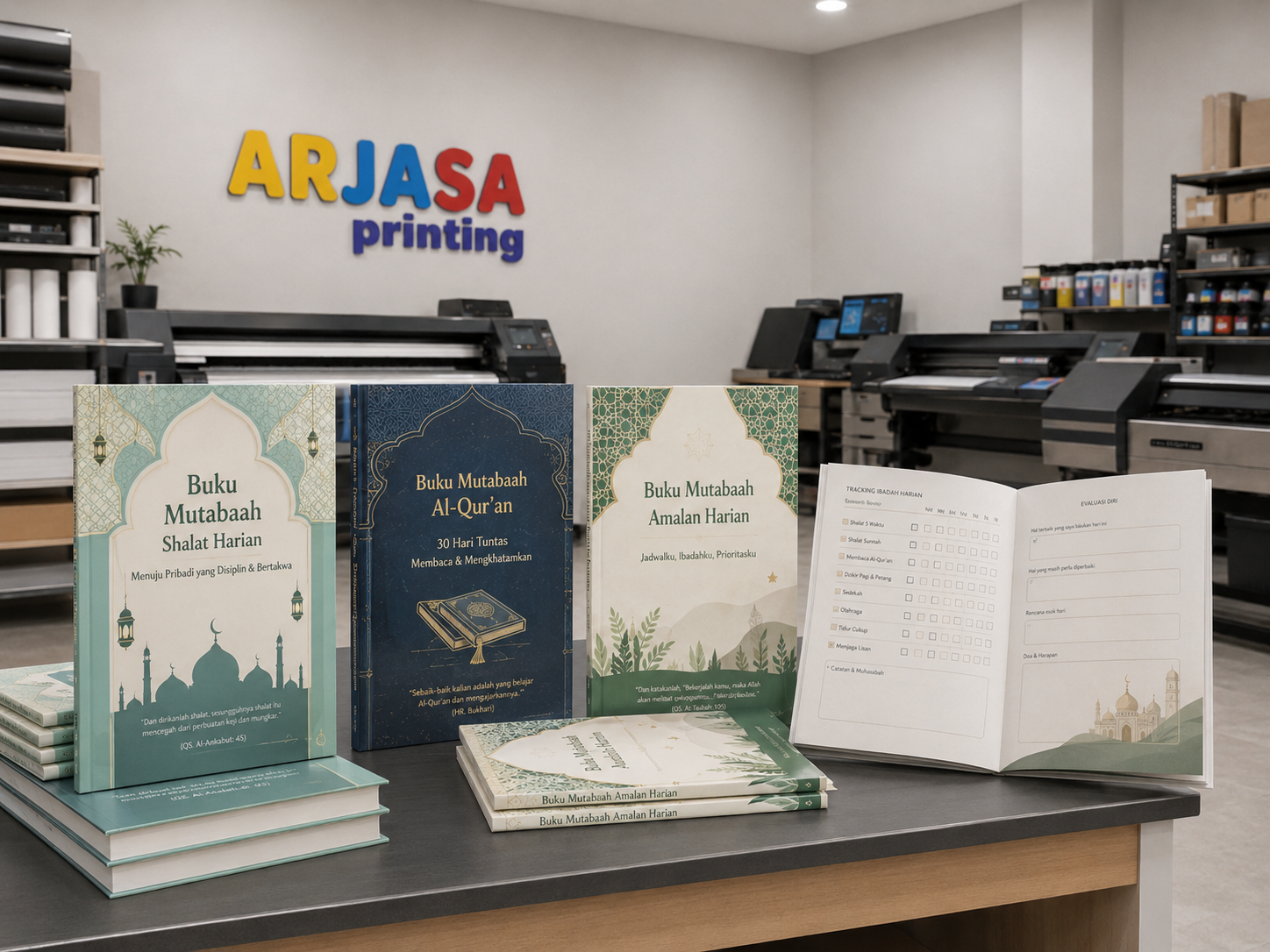 Contoh buku mutabaah dan buku kontrol ibadah siswa di studio Arjasa Printing Bandar Lampung