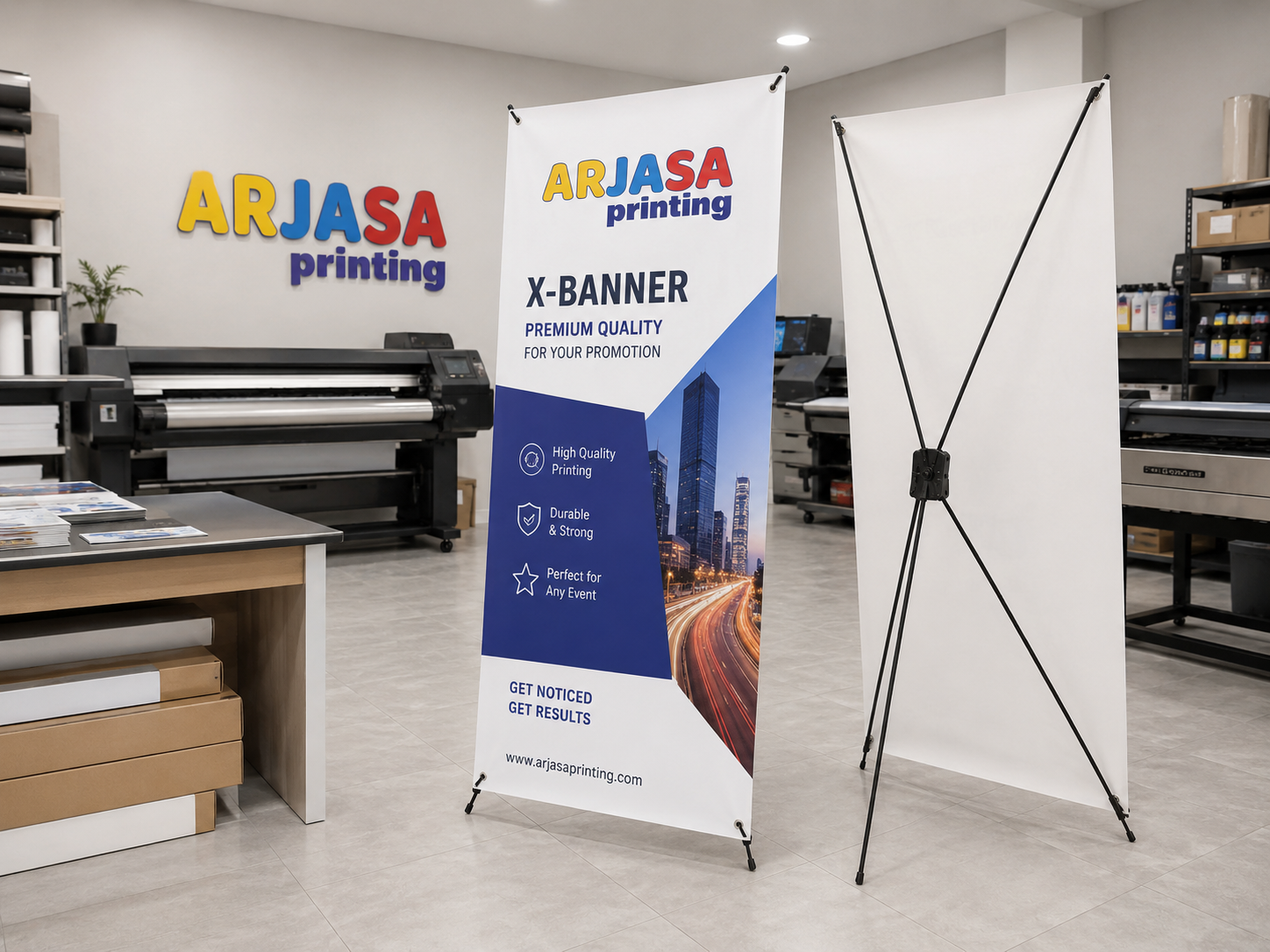 Contoh X-Banner promosi dengan rangka X di studio Arjasa Printing Bandar Lampung